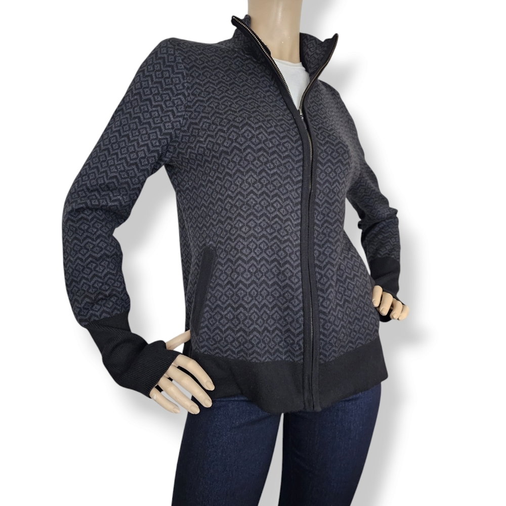 Aspen Black & Gray Geometric Print Zip-Up Sweater With Thumbholes Size Large - Picture 3 of 8